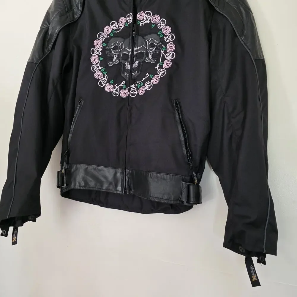Xelement Skull Moto Jacket Womens L Black Roses Motorcycle Biker Embroidered